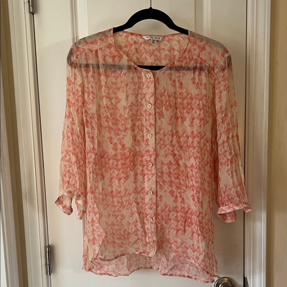 CAbi Women's Sheer Button-Up Blouse - Coral and Cream